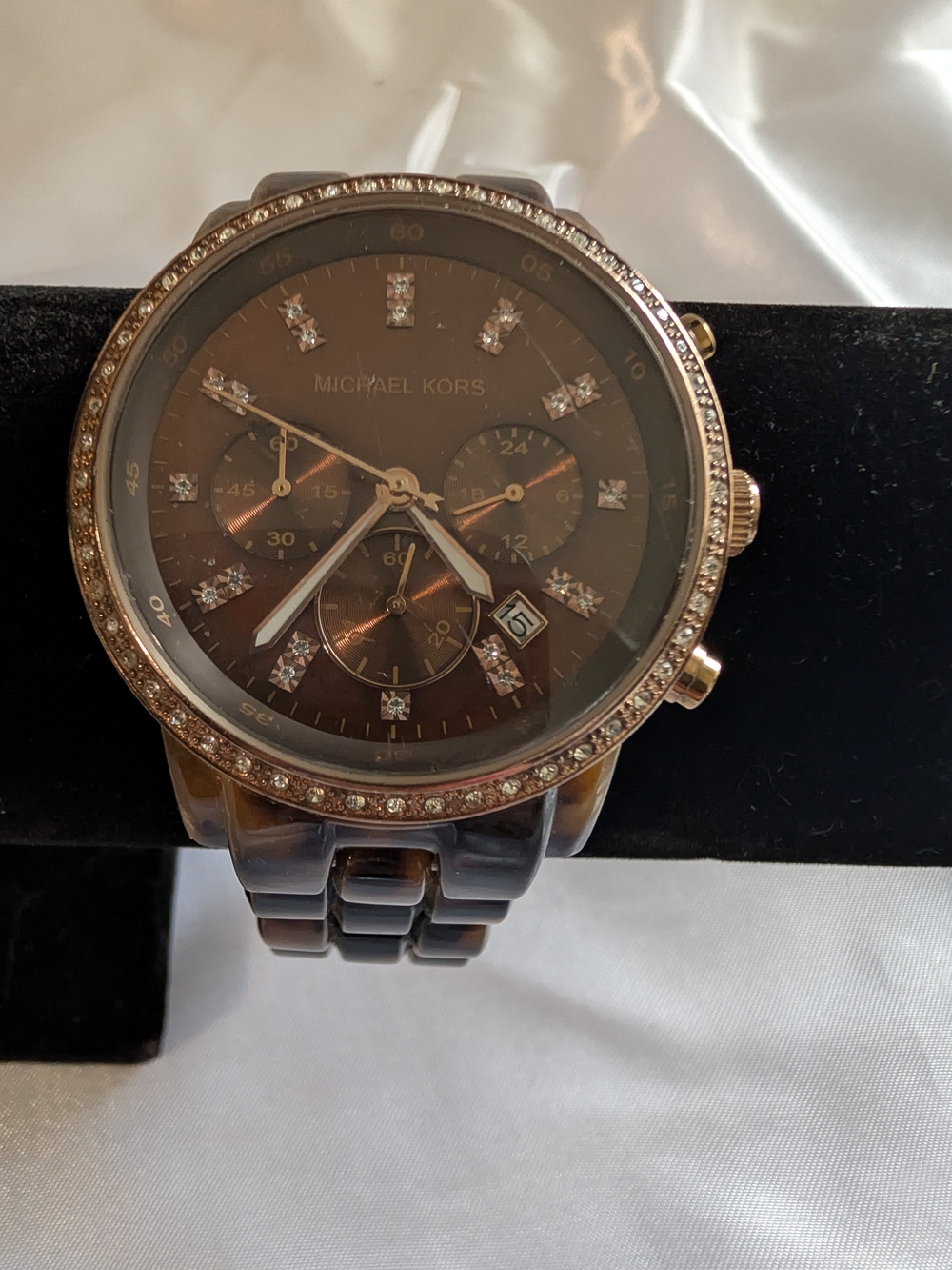 Michael Kors Brown Dial Watch New Battery with Rose Gold Tortoise Tones Date
